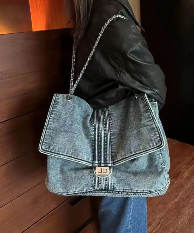 2024 New Light Blue Large Capacity Chain Denim Shoulder Bag