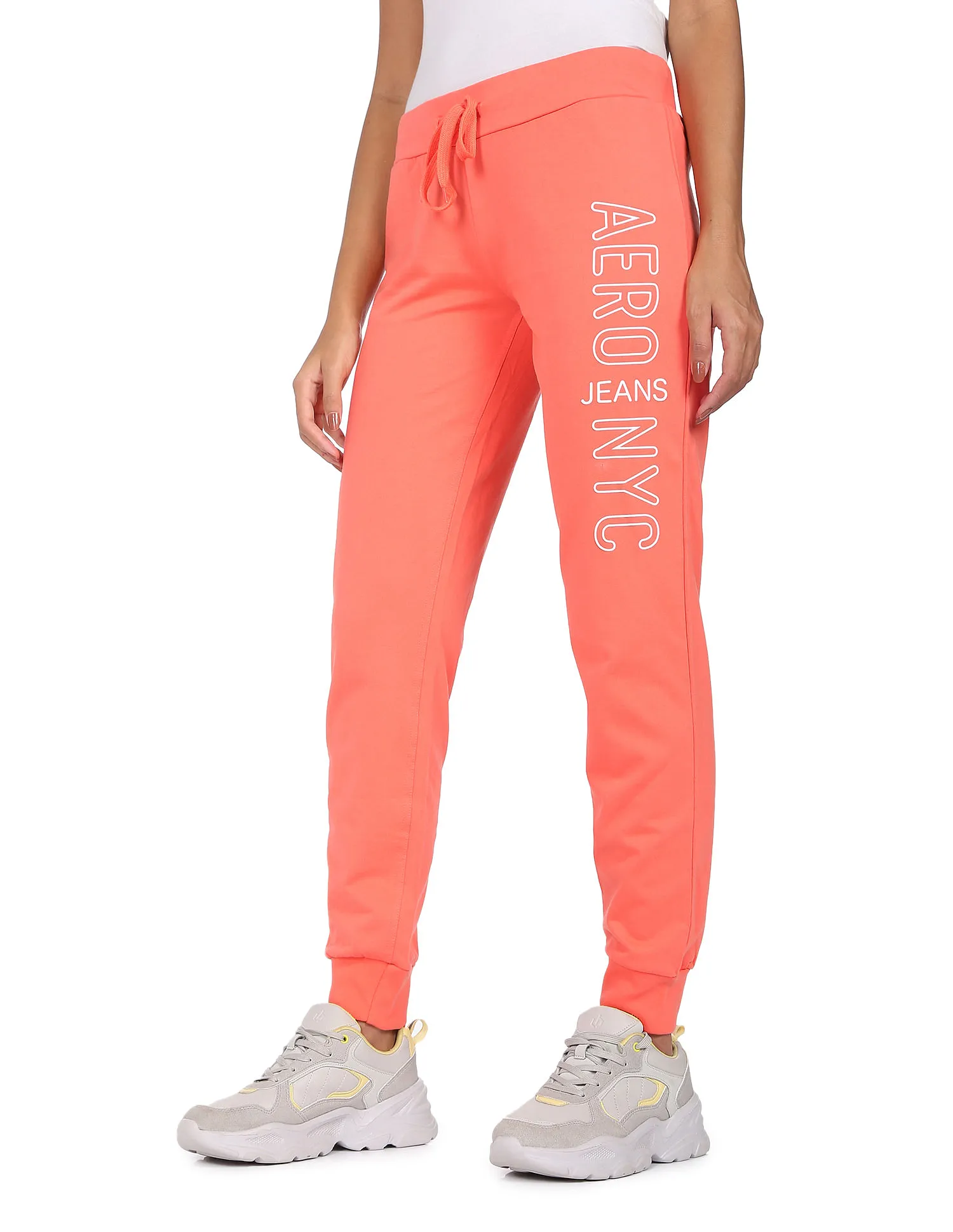 Aeropostale Women Coral Mid Rise Brand Print Joggers