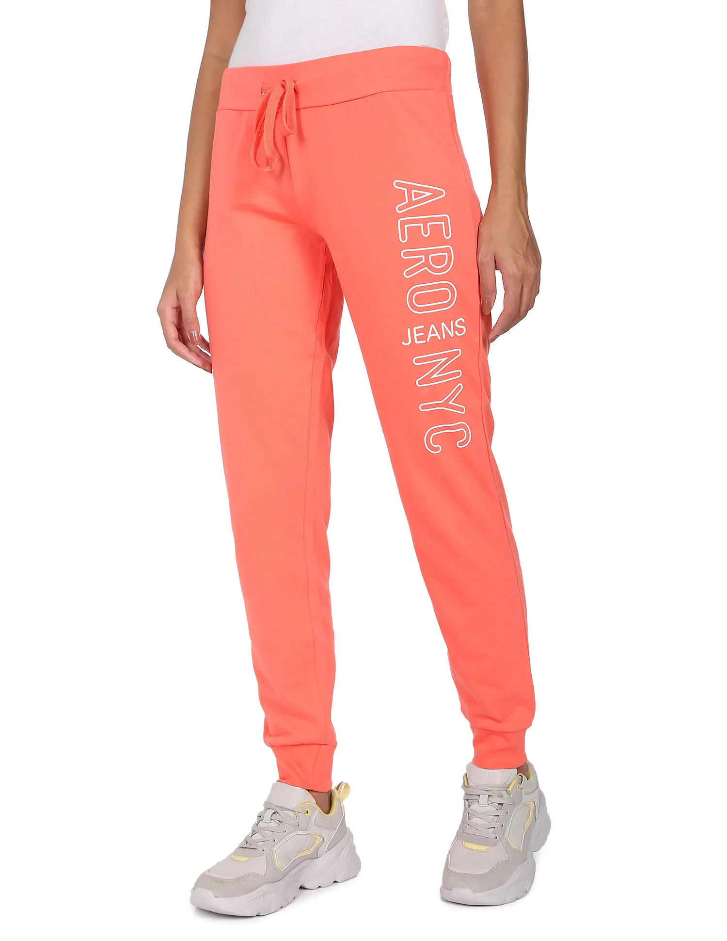 Aeropostale Women Coral Mid Rise Brand Print Joggers