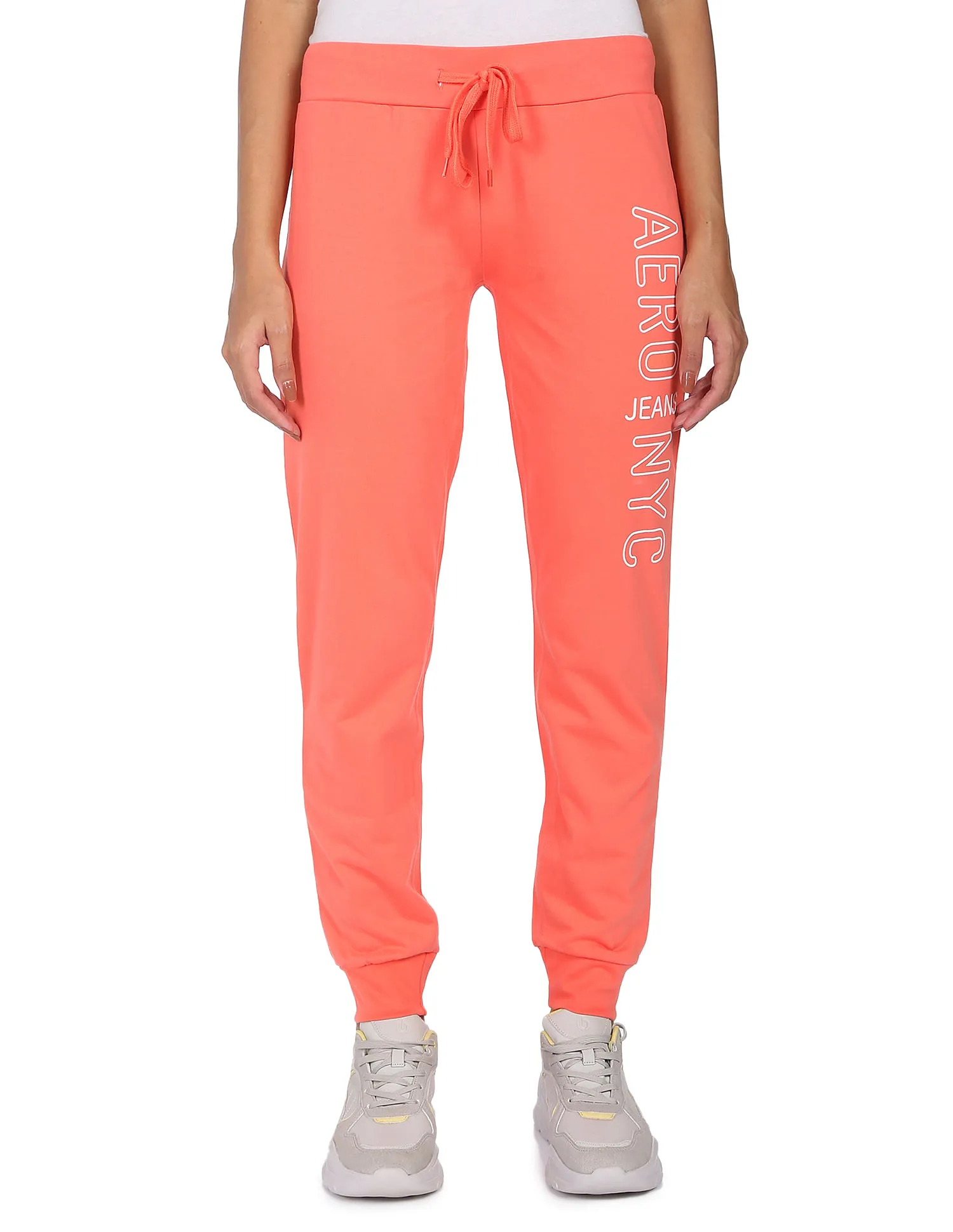 Aeropostale Women Coral Mid Rise Brand Print Joggers