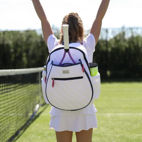 Ame & Lulu Jr Love Tennis Backpack, Quilted White, Navy & Pink