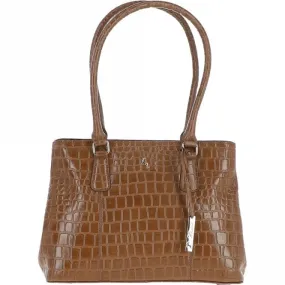 Ashwood Leather Crocodile Print Two Section With Mid Purse Bag Tan: C-54