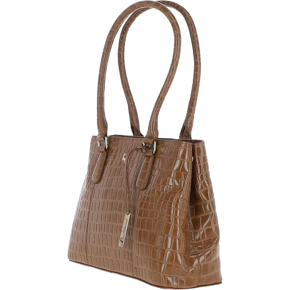 Ashwood Leather Crocodile Print Two Section With Mid Purse Bag Tan: C-54