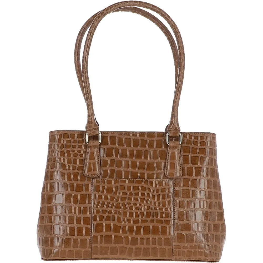 Ashwood Leather Crocodile Print Two Section With Mid Purse Bag Tan: C-54