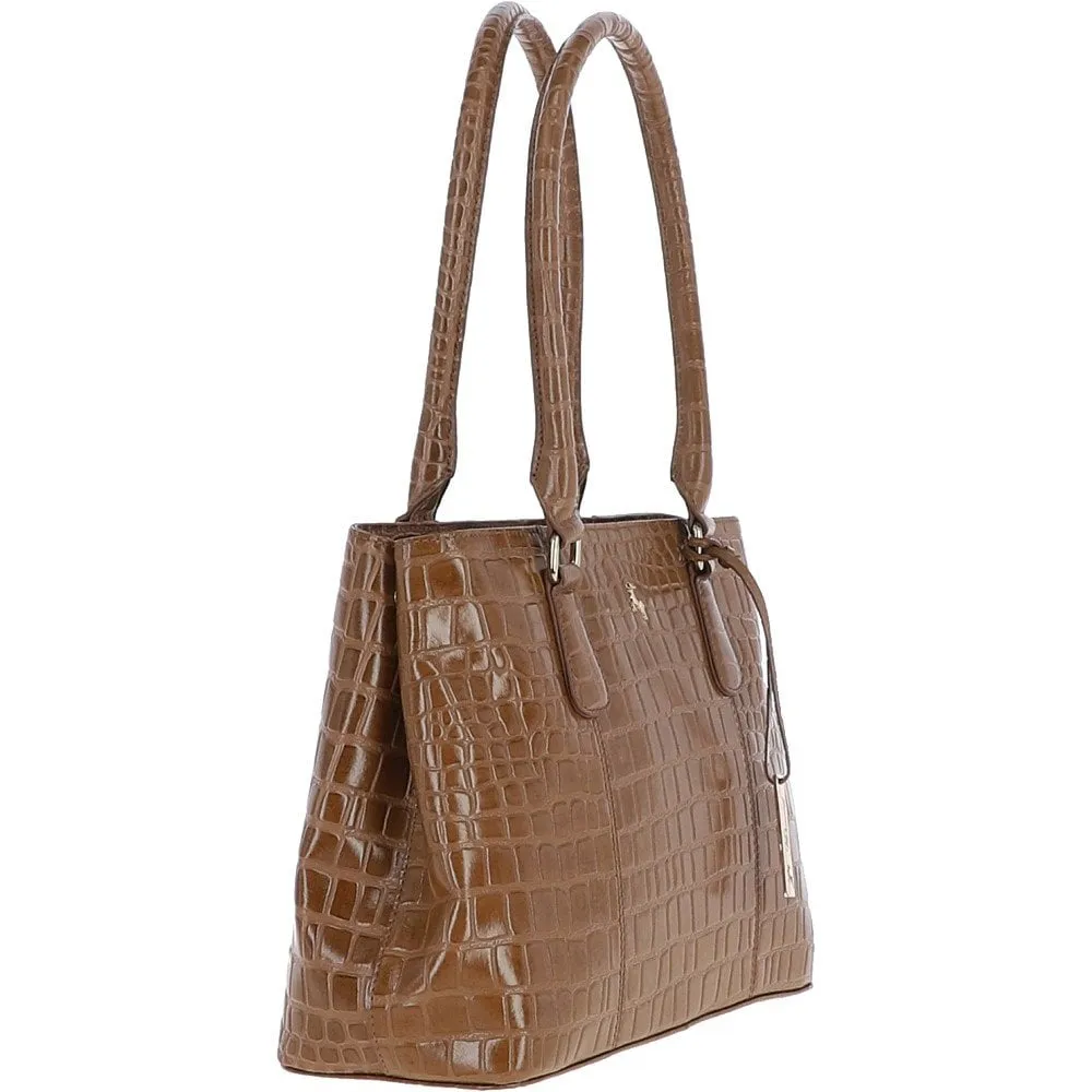 Ashwood Leather Crocodile Print Two Section With Mid Purse Bag Tan: C-54