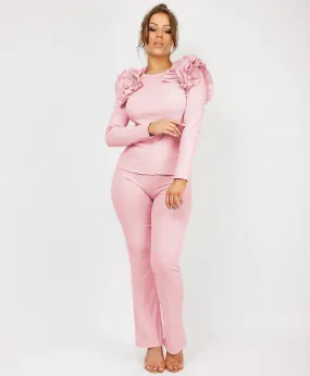 Baby Pink Ruffle Frill Shoulder Ribbed Top And Trousers Loungewear Set