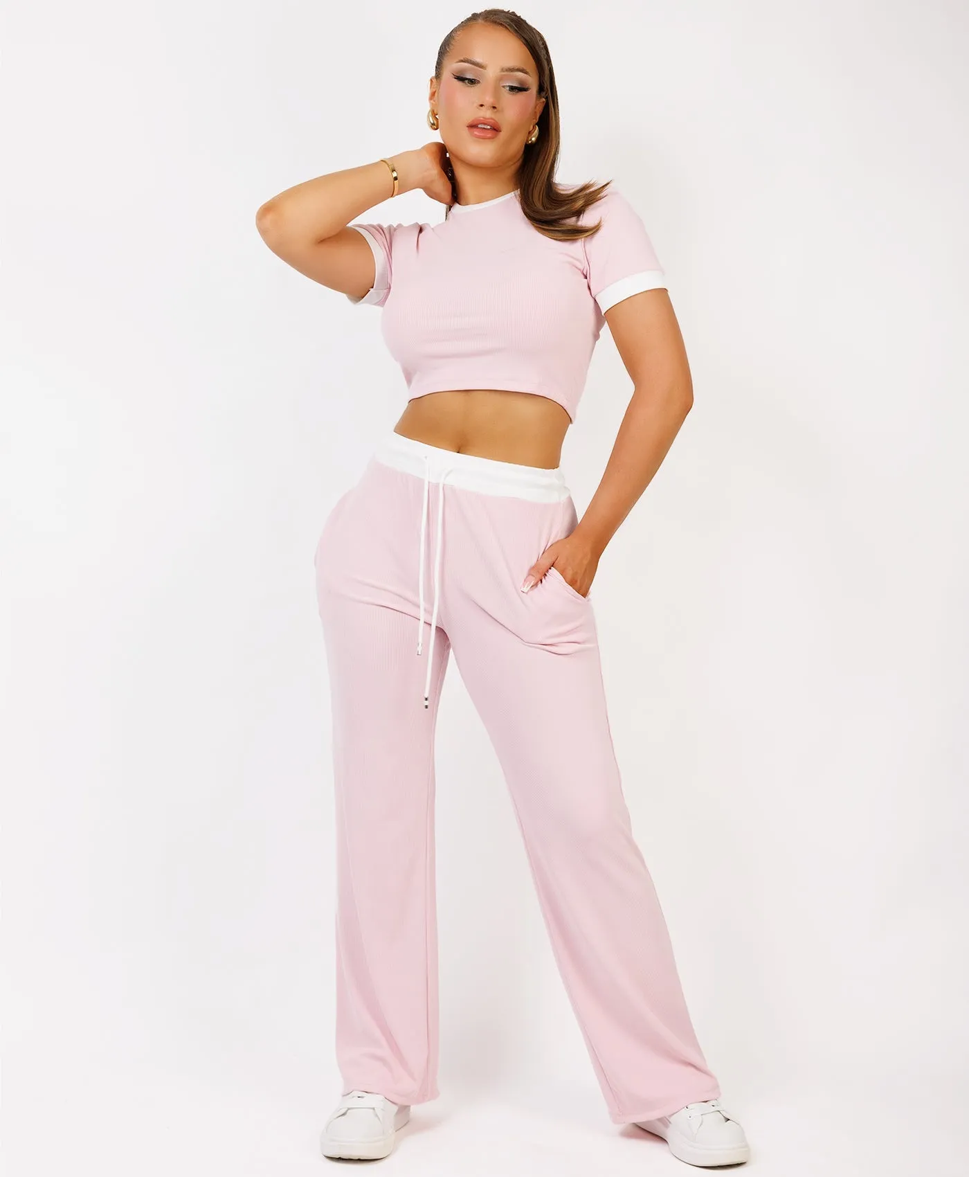 Baby Pink Wide Leg Trousers and Ribbed Top Loungewear Set