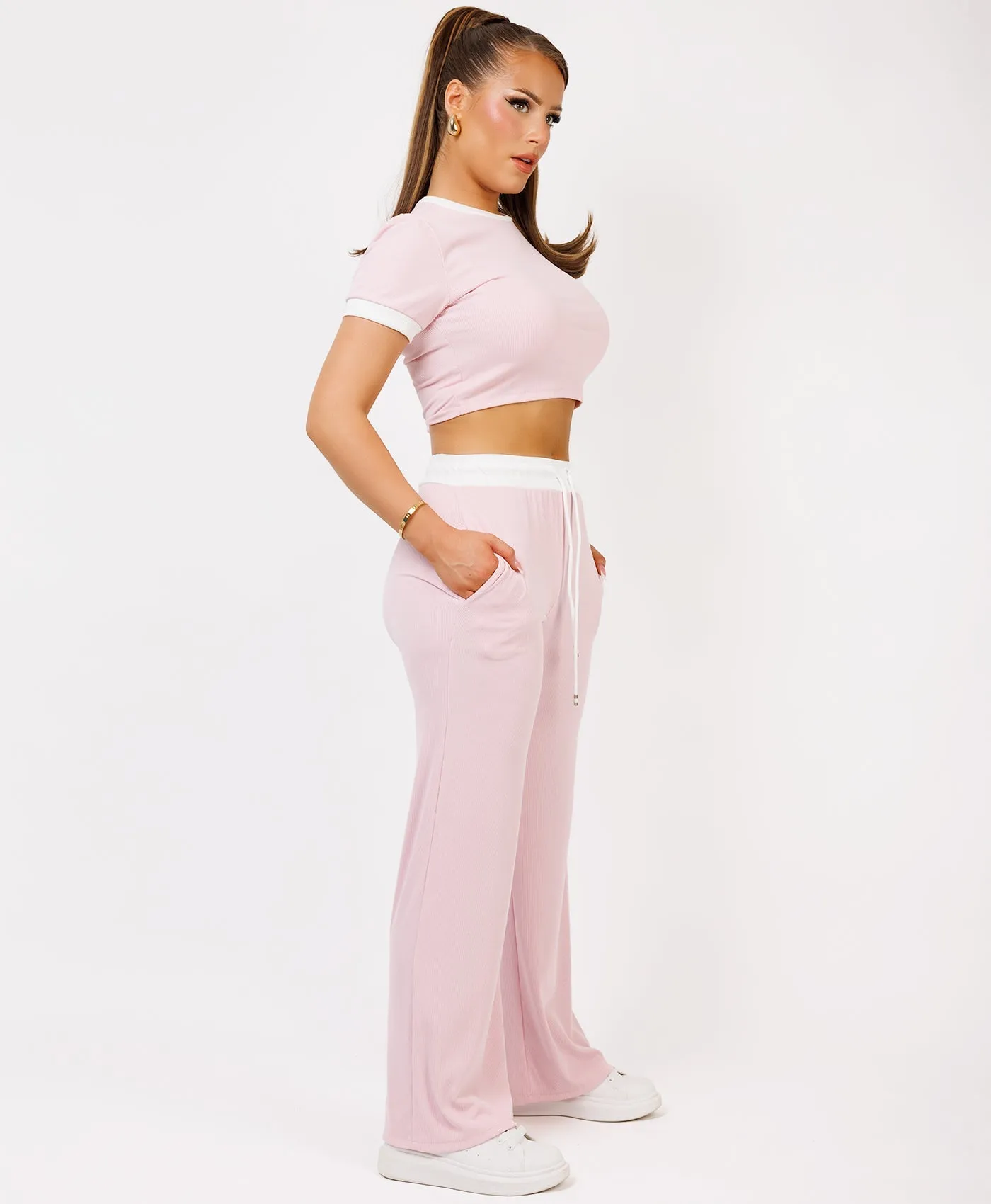 Baby Pink Wide Leg Trousers and Ribbed Top Loungewear Set