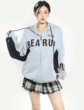 BEARUN Letter Embroidery Solid Color Baby Blue Patchwork Zip Up Long Sleeve Hoodie