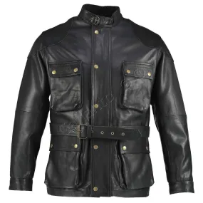 Black Benjamin Button Long Biker Leather Jacket Motorcycle