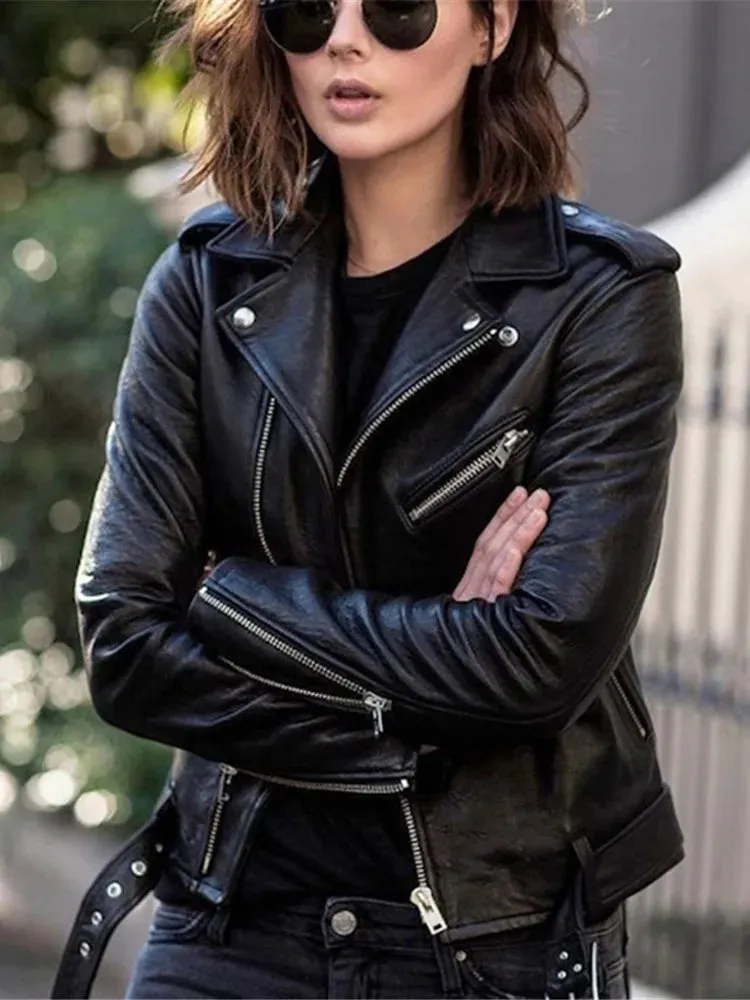 Black Faux Leather Biker Jacket with Belt and Zipper