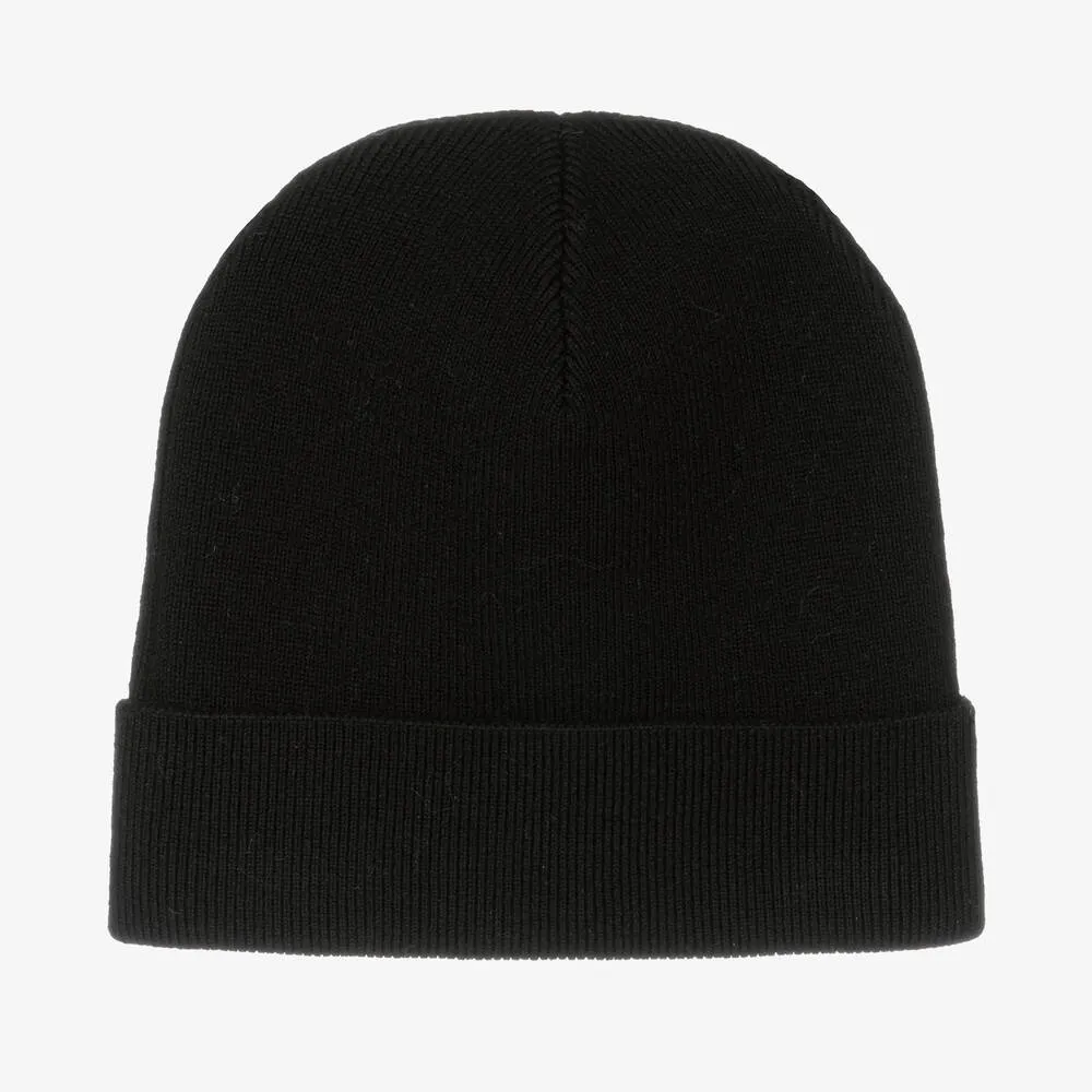 Black Merino Wool Knit Beanie Hat