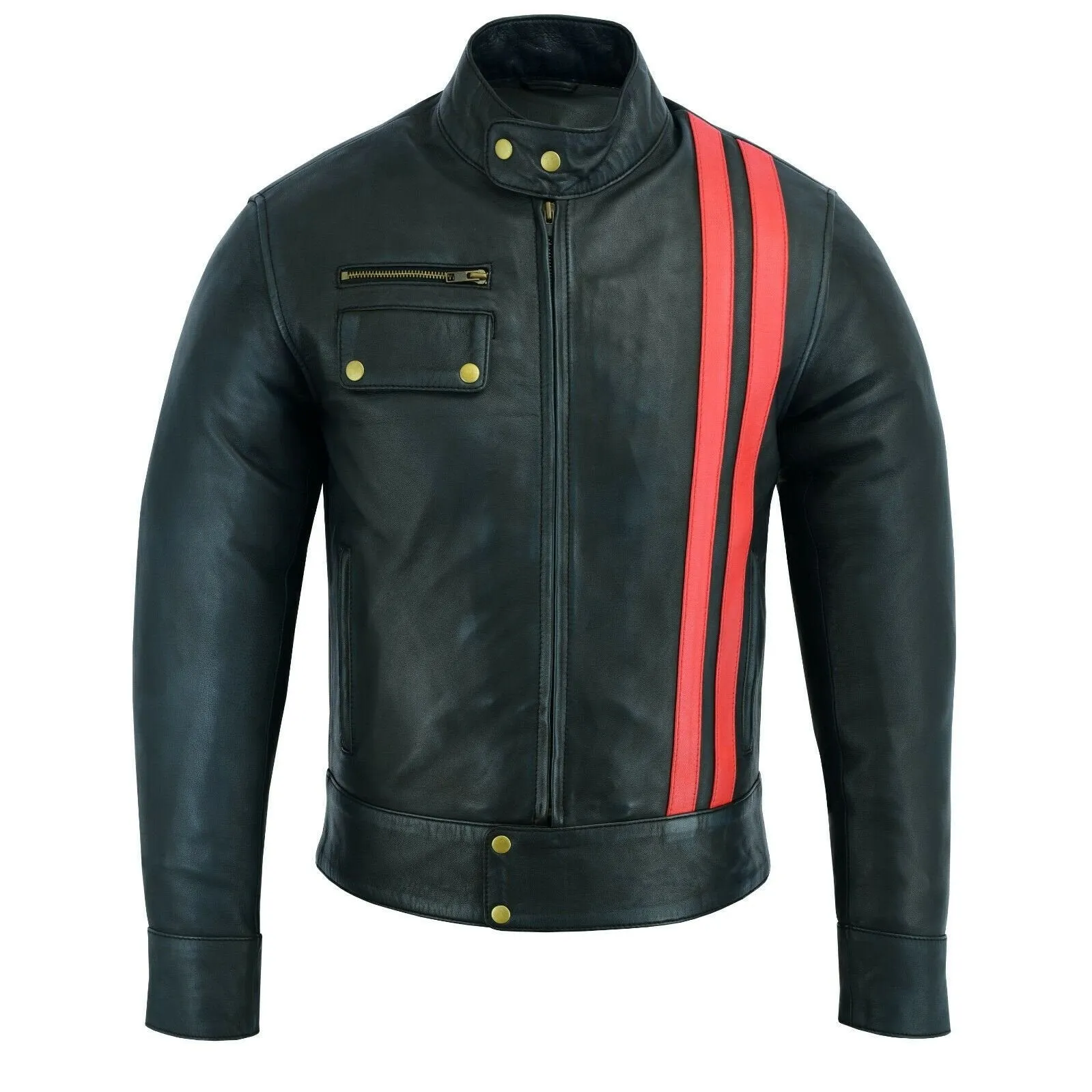 Black Smart Cafe Racer Retro Style Red Striped Biker Leather Jacket Motorcycle