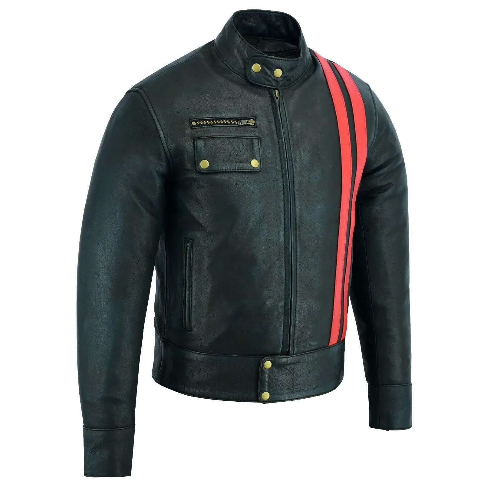 Black Smart Cafe Racer Retro Style Red Striped Biker Leather Jacket Motorcycle