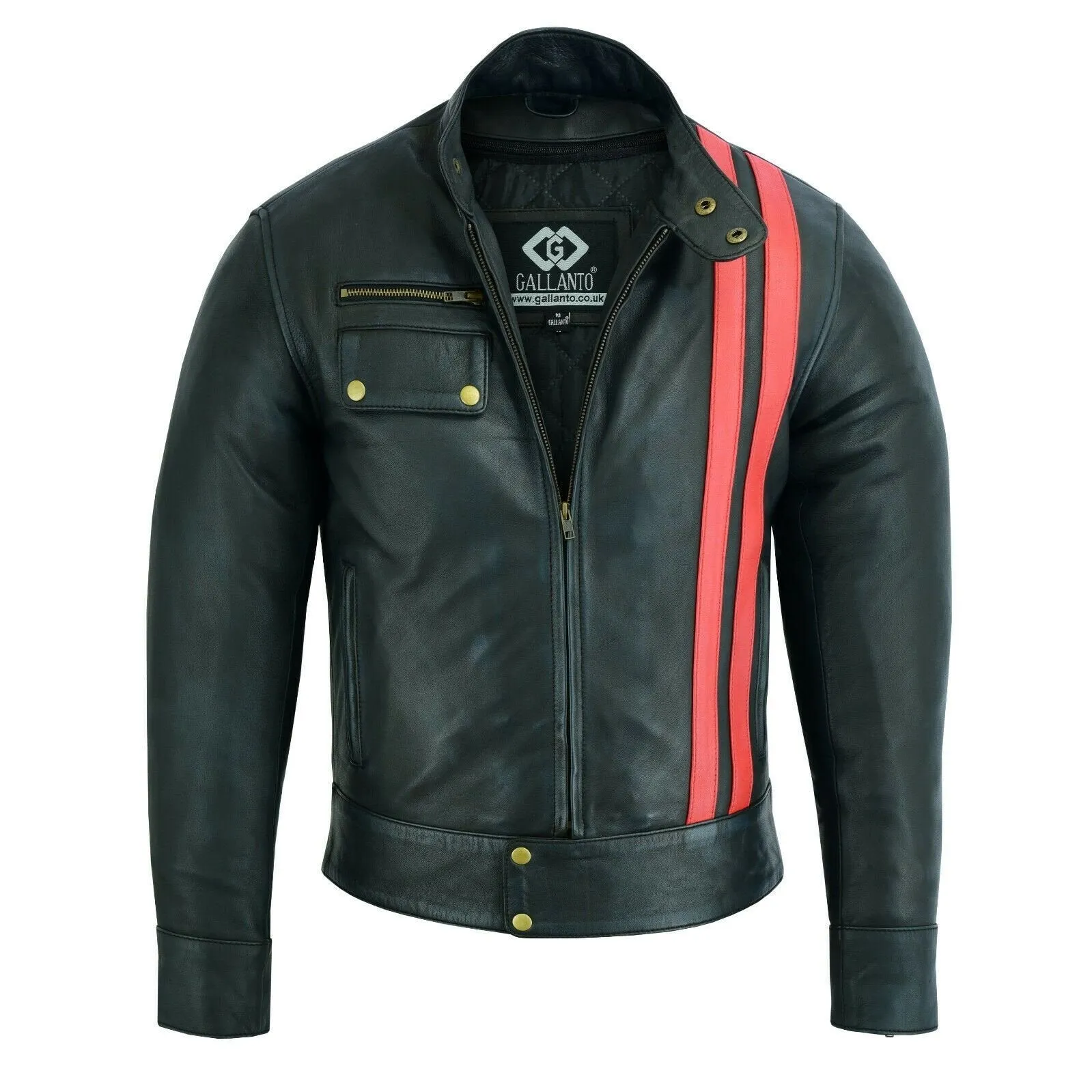 Black Smart Cafe Racer Retro Style Red Striped Biker Leather Jacket Motorcycle