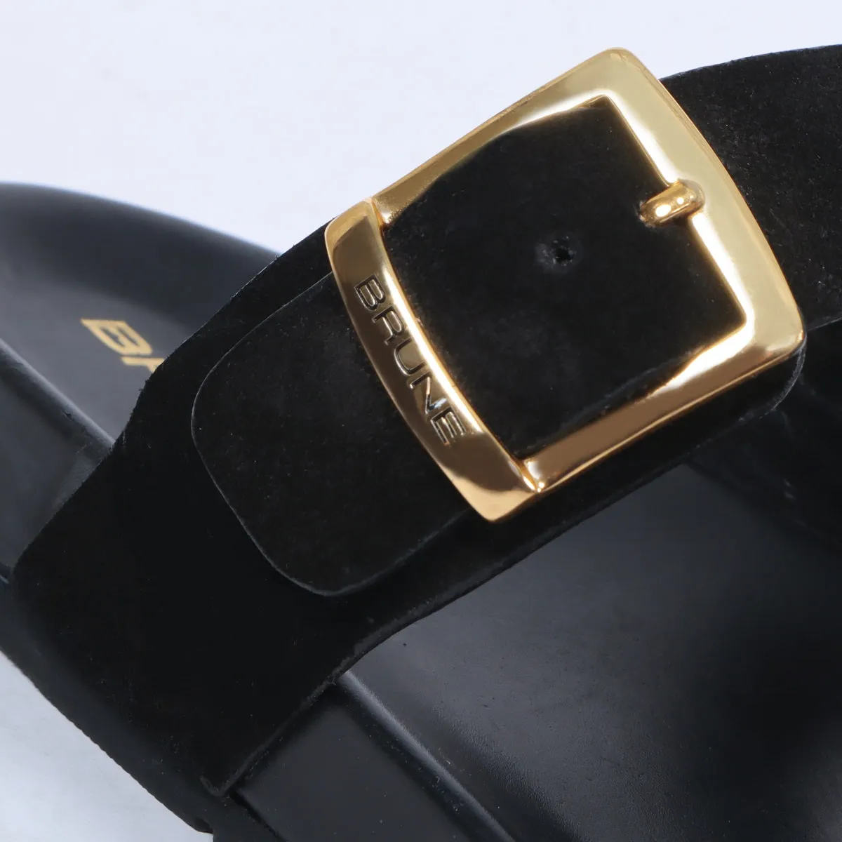 Black Suede Leather Slipper With Double Golden Buckle