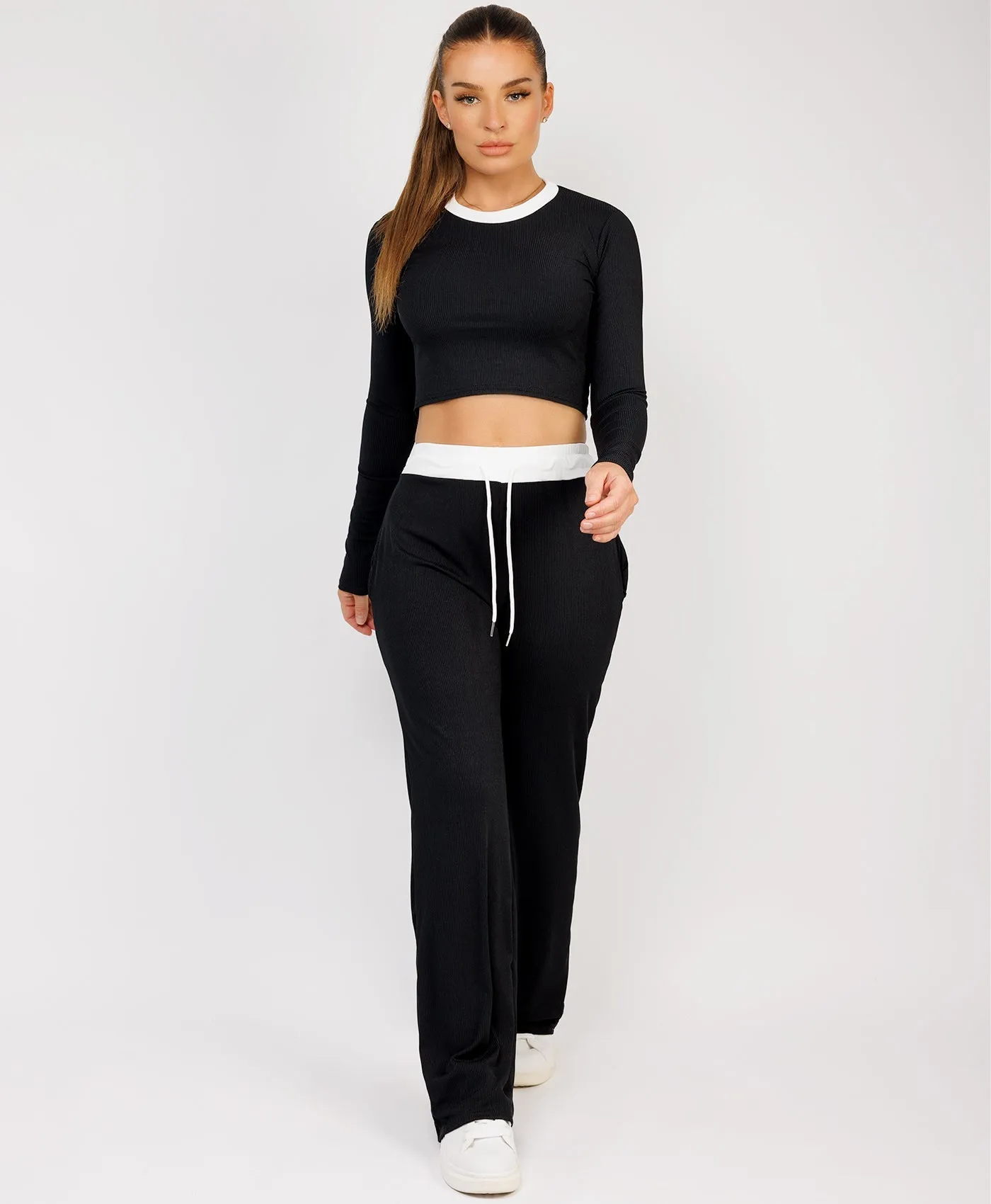 Black Wide Leg Trousers and Long Sleeve Top Loungewear Set