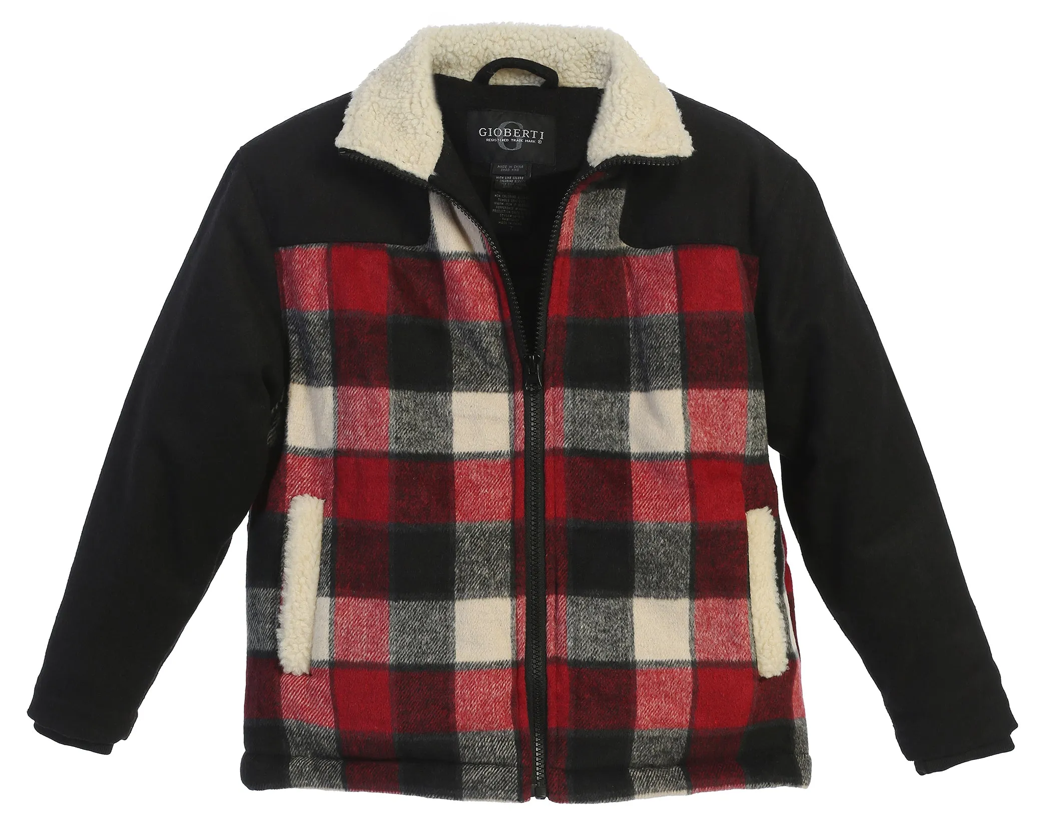 Boys Full Zip Wool-Like Plaid Jacket with Warm Cozy Inner Padding and Sherpa Collar