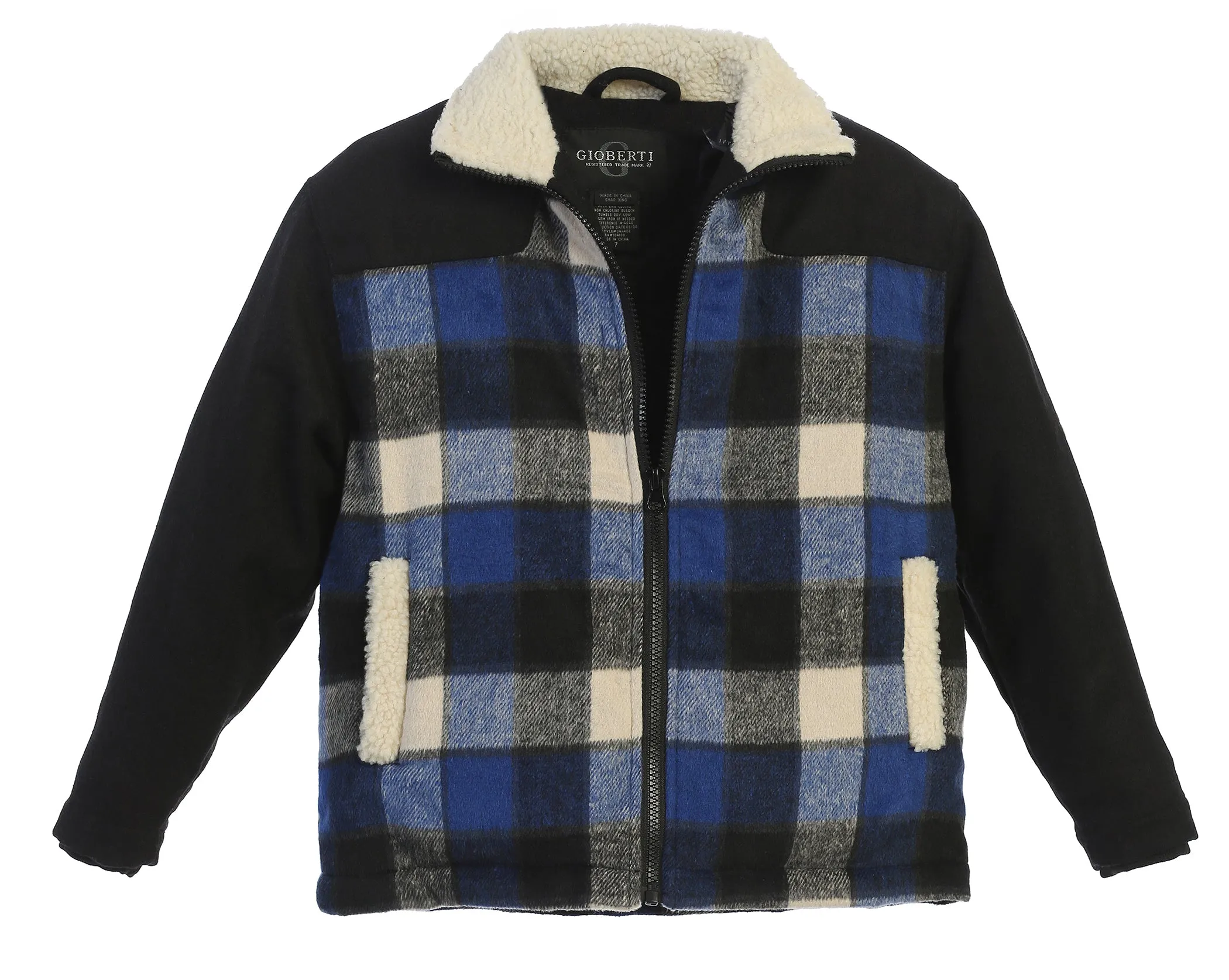 Boys Full Zip Wool-Like Plaid Jacket with Warm Cozy Inner Padding and Sherpa Collar