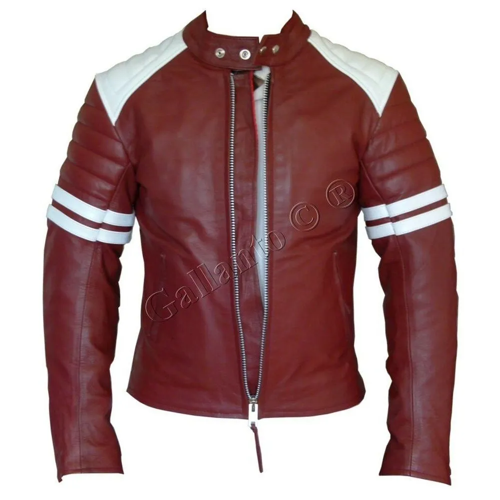 Brad Pitt Red and White Fight Club Cowhide Biker Leather Jacket