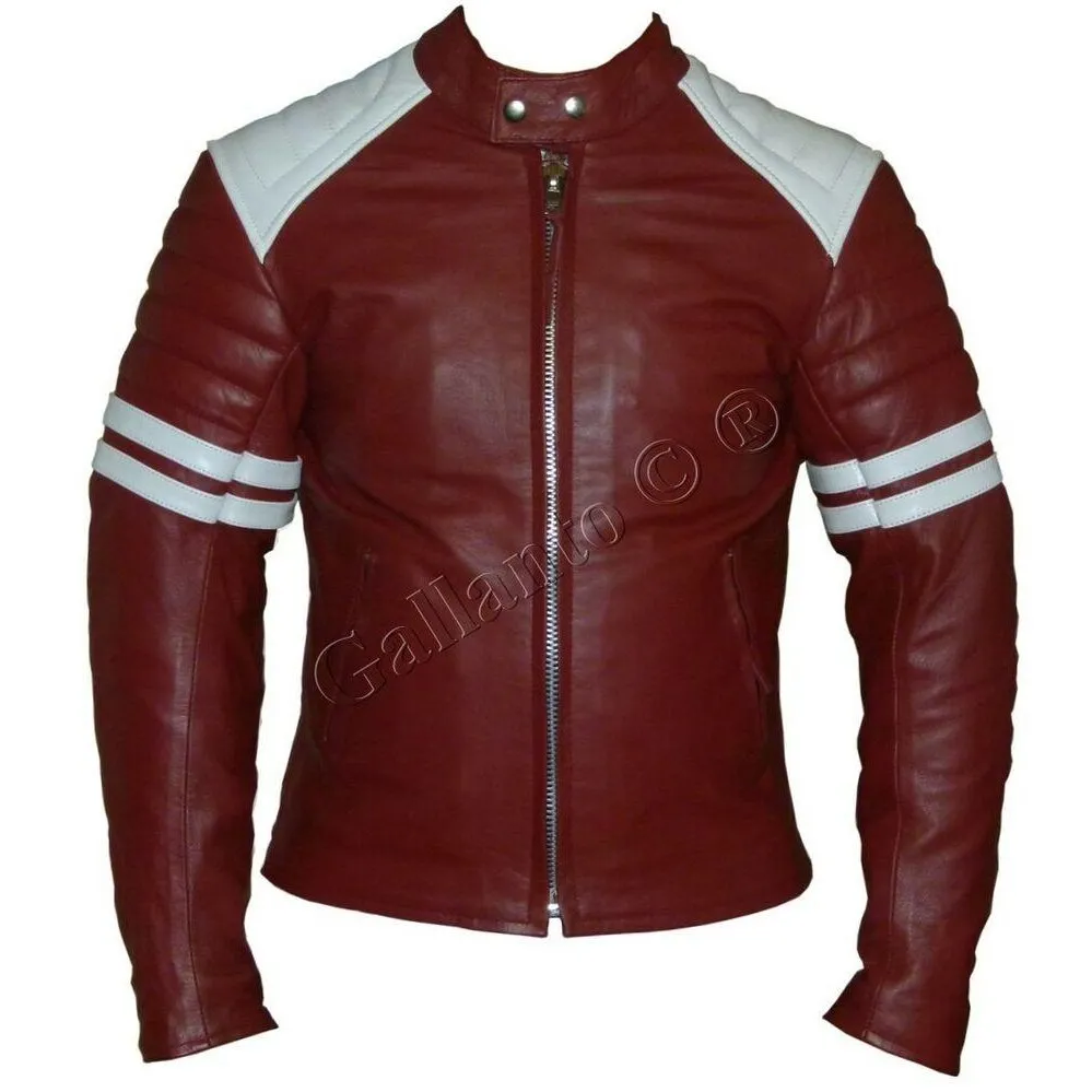 Brad Pitt Red and White Fight Club Cowhide Biker Leather Jacket