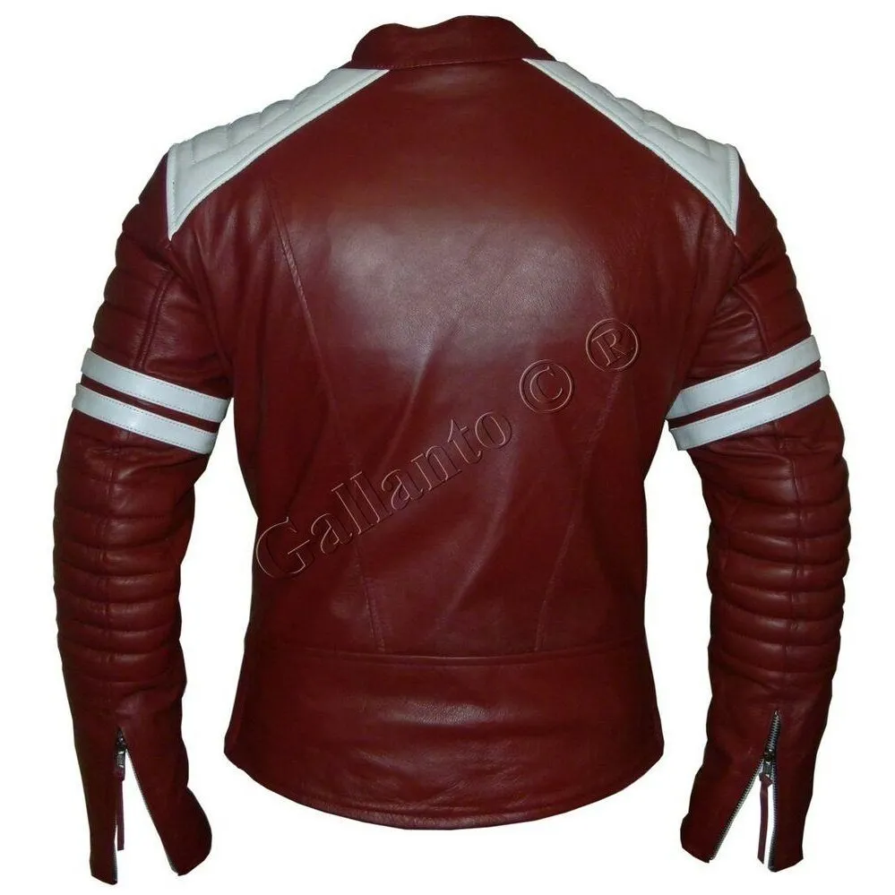 Brad Pitt Red and White Fight Club Cowhide Biker Leather Jacket