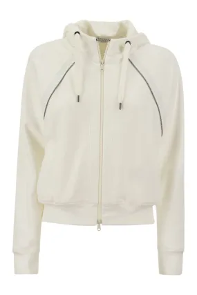 BRUNELLO CUCINELLI White Smooth Cotton Fleece Hooded Topwear with Shiny Piping