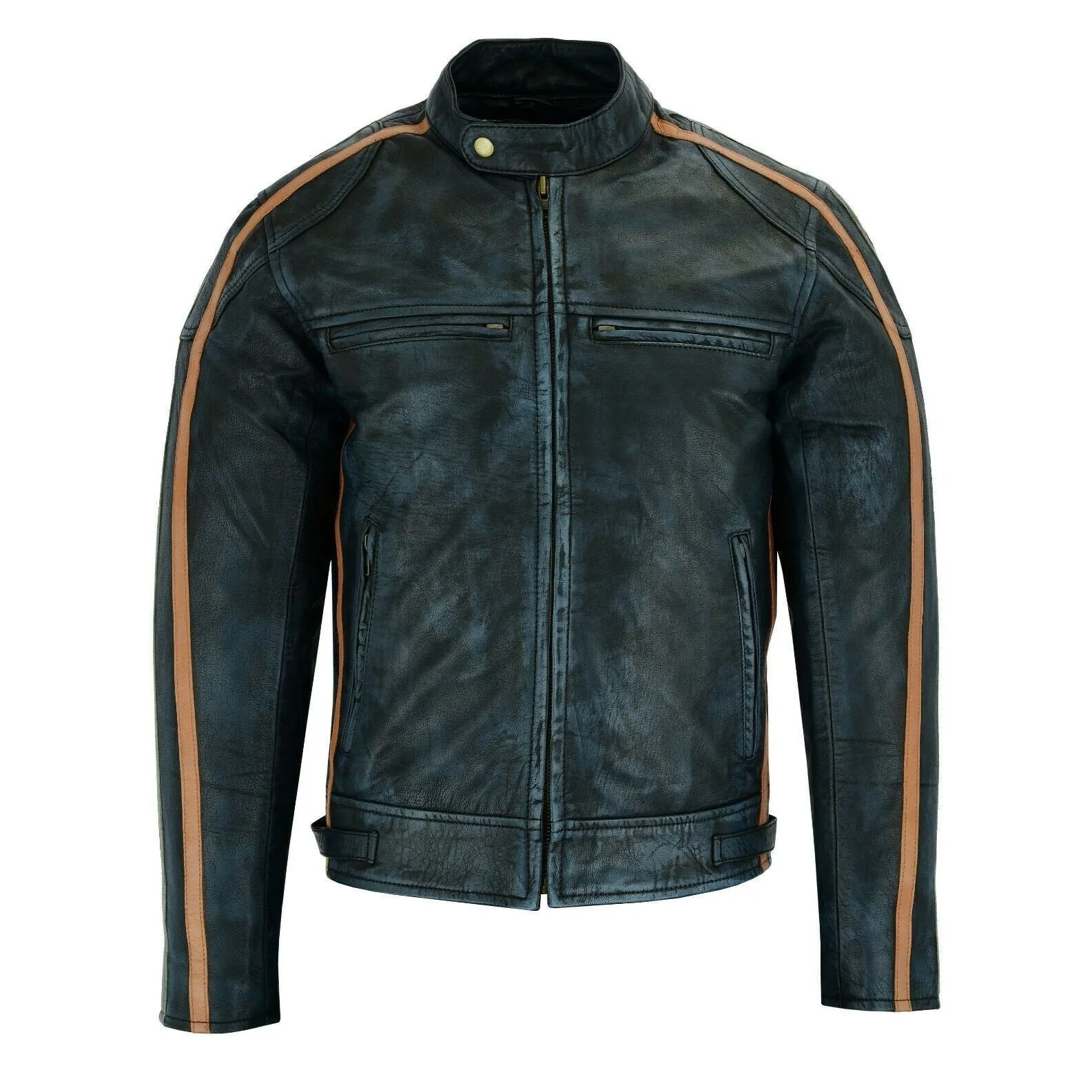 Classic Mens British Black Wax Striped Leather Biker Jacket