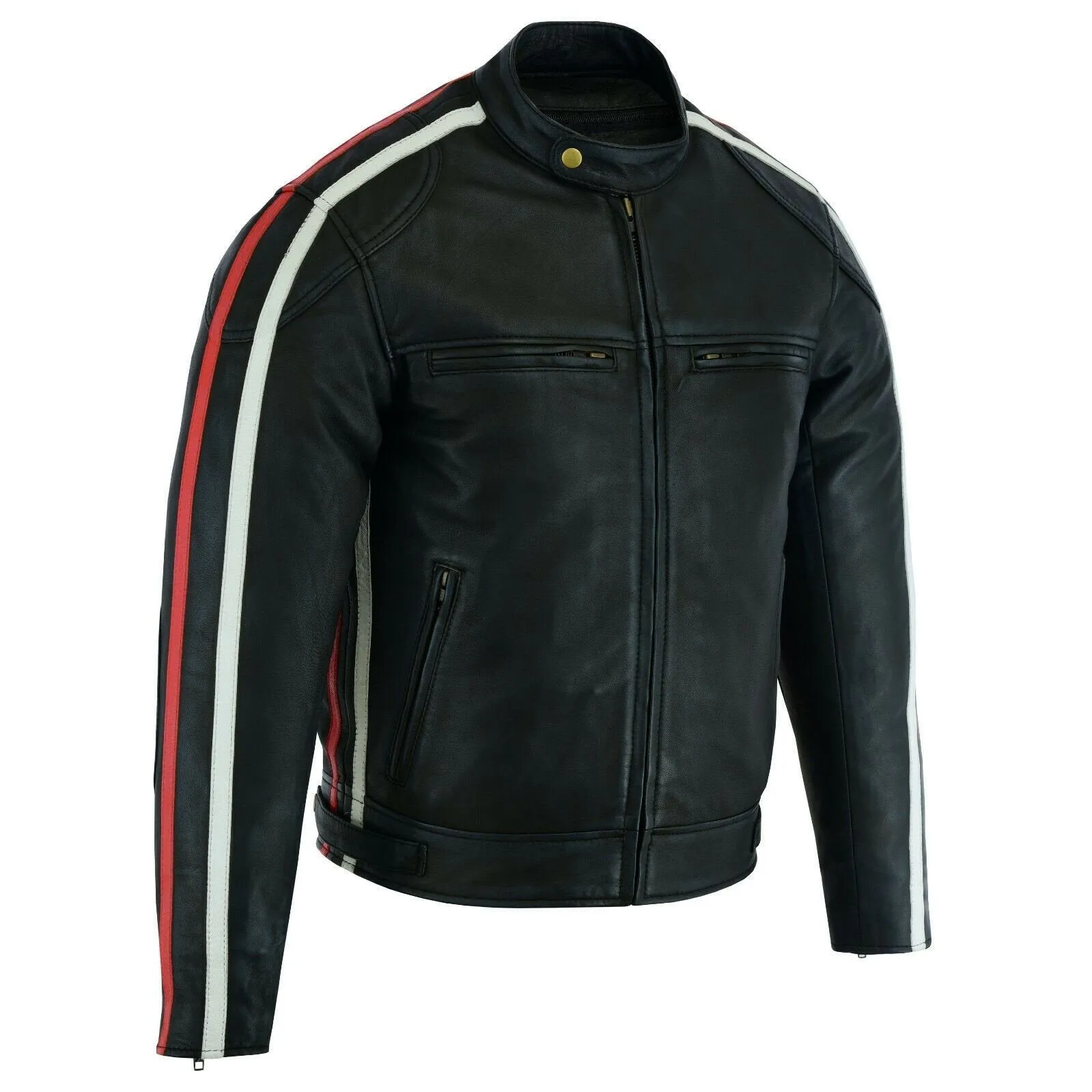 Classic Mens British Motorcycle Black Wax Leather Jacket Biker Red White Striped