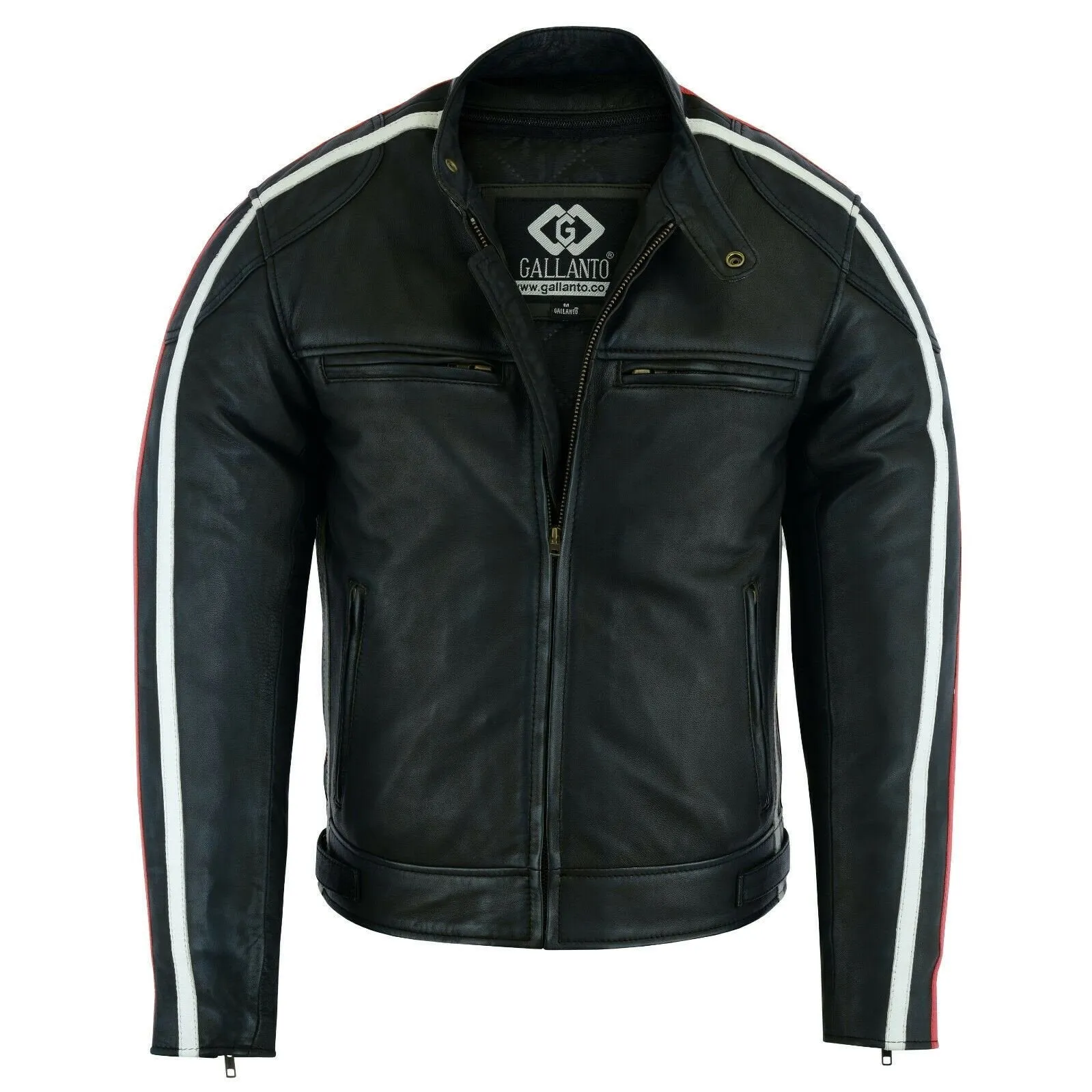 Classic Mens British Motorcycle Black Wax Leather Jacket Biker Red White Striped