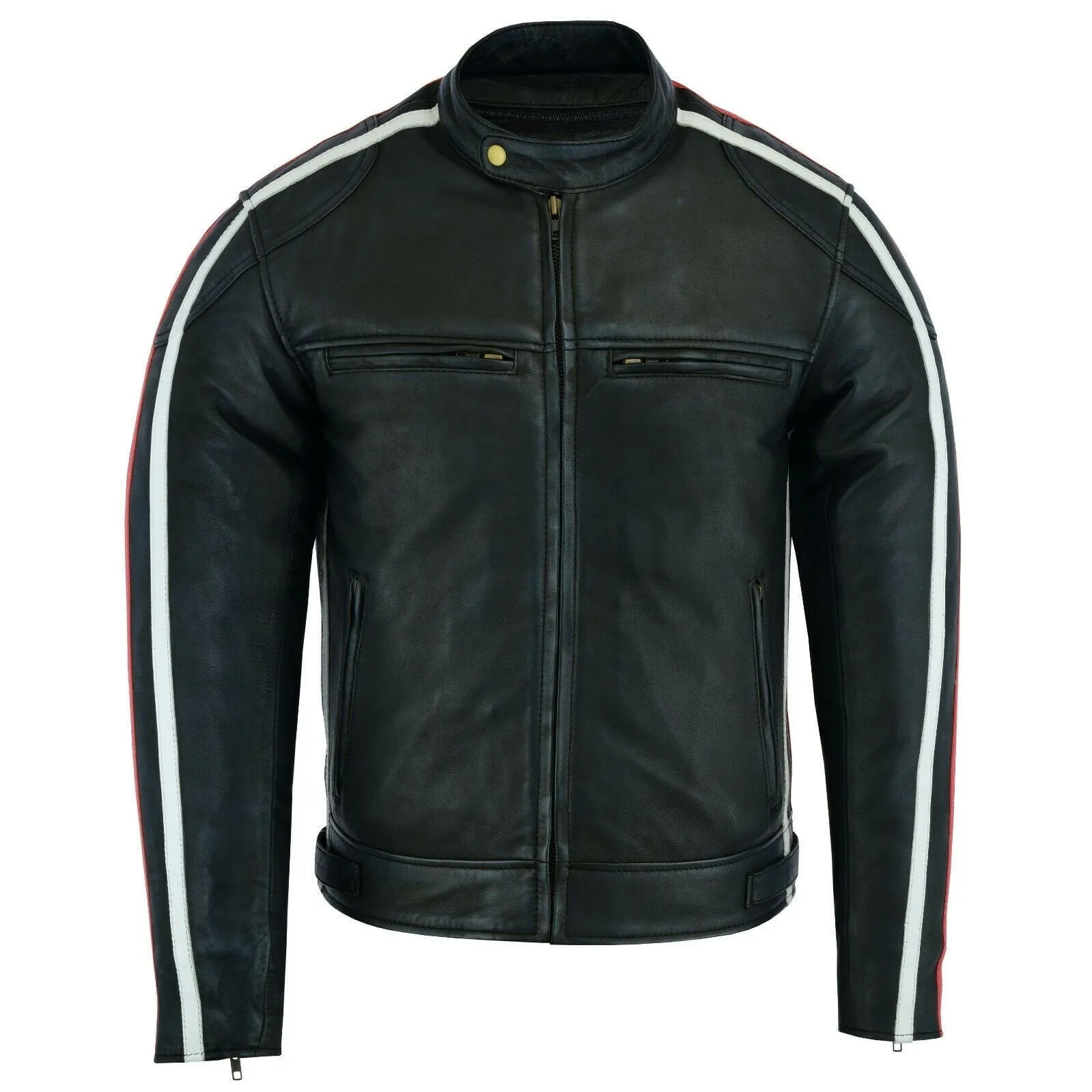 Classic Mens British Motorcycle Black Wax Leather Jacket Biker Red White Striped