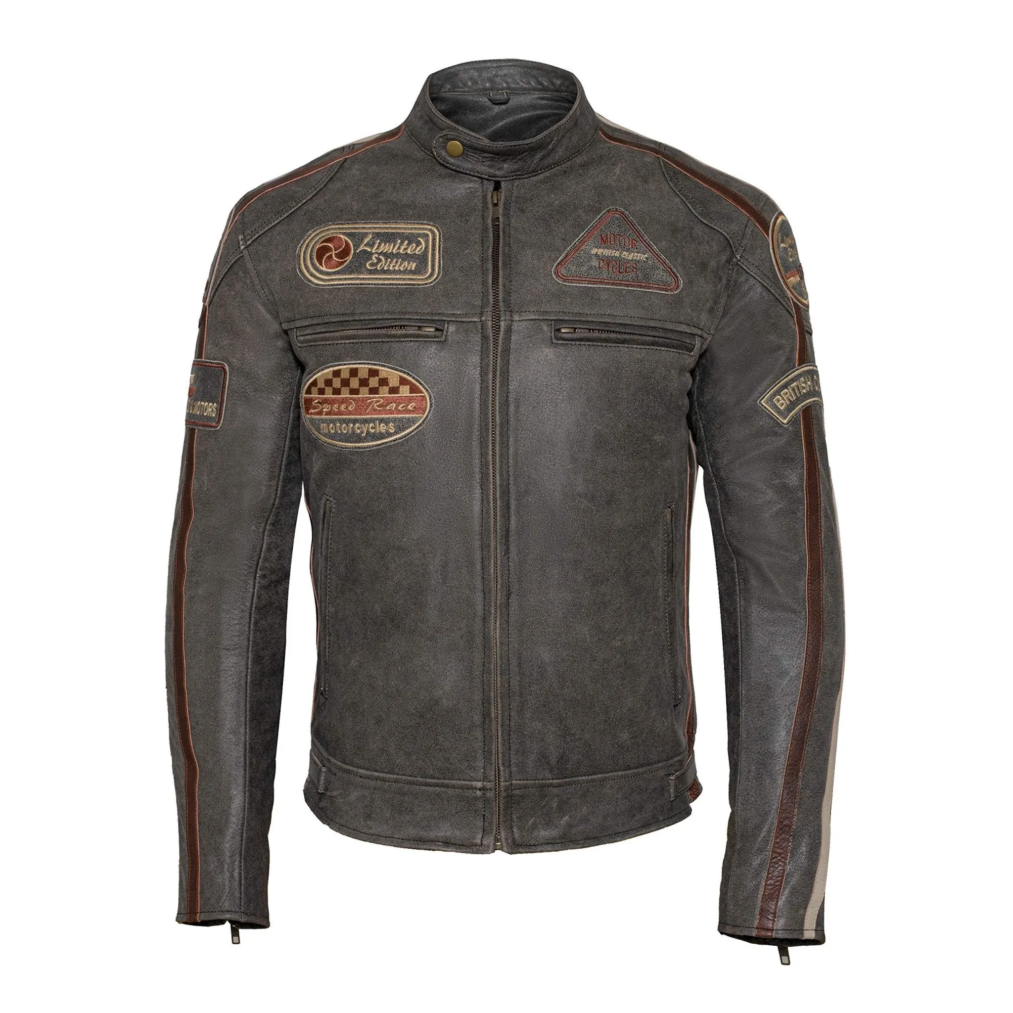 Classic Mens British Striped Biker Leather Jacket with Badges Motorcycle