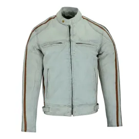 Classic Mens Dirty Grey Motorcycle Leather Jacket Biker Tan and Green stripes