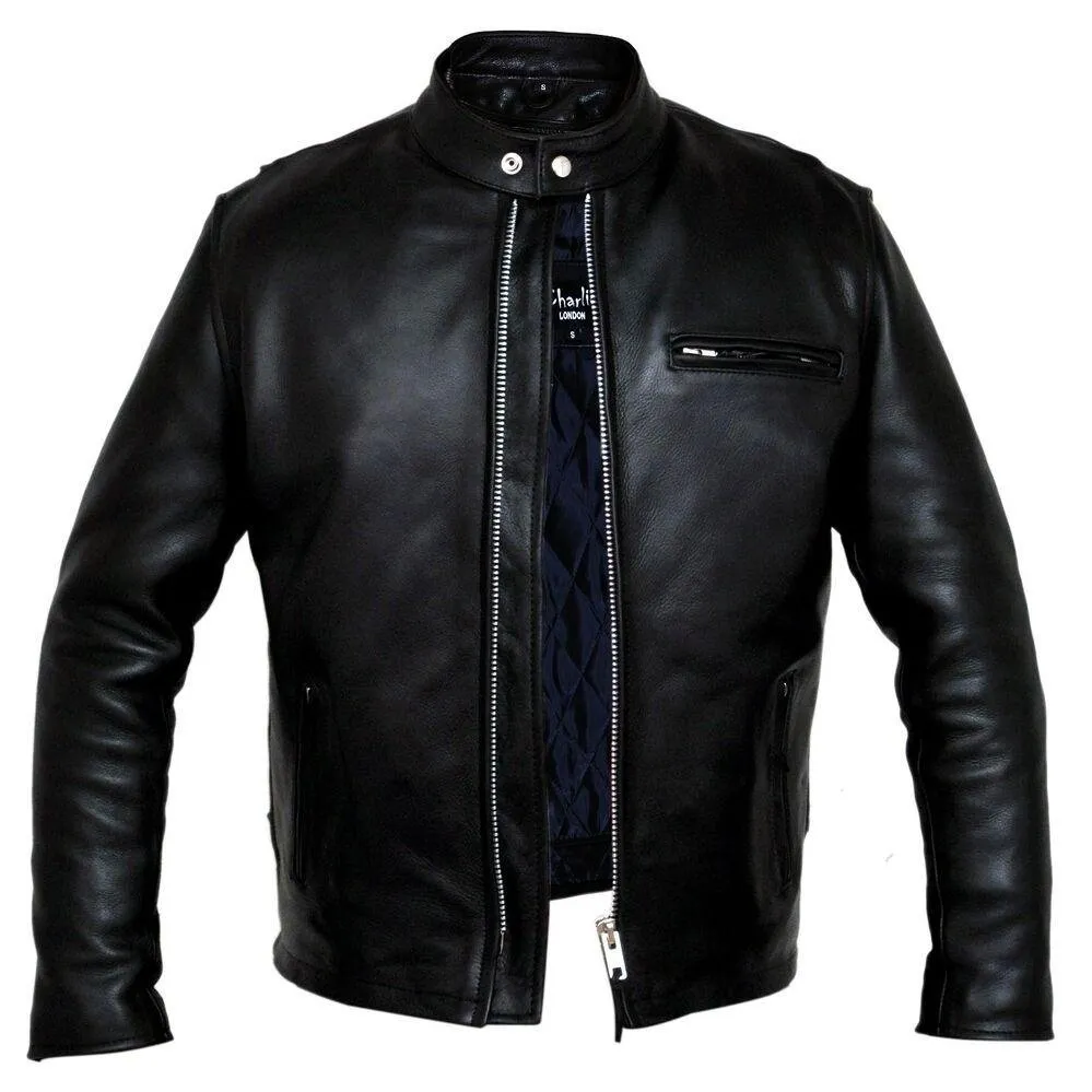 Classic Racer Black Biker Cowhide Leather Jacket Motorcycle