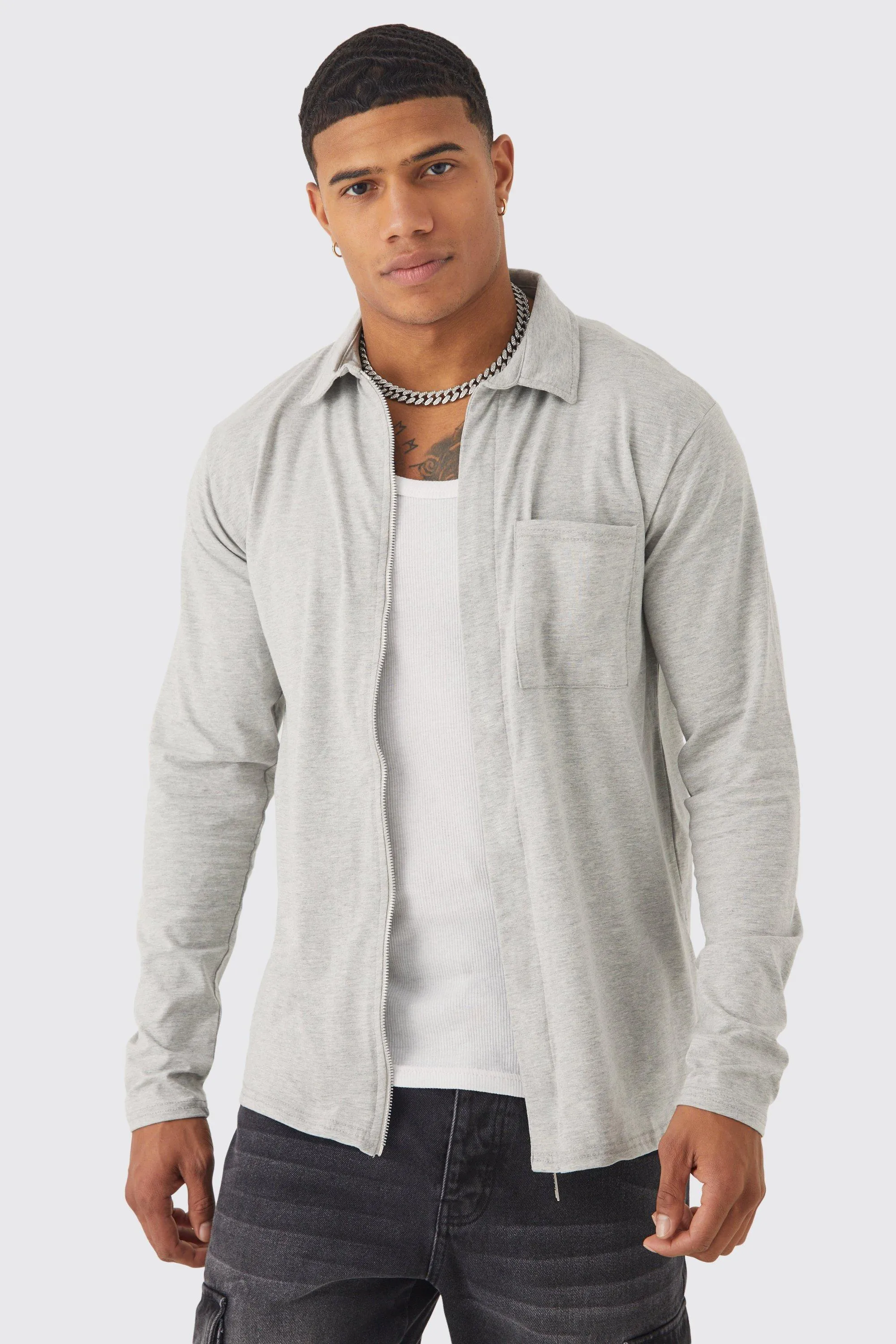 Concealed Placket Zip Through Jersey Knit Shirt Jacket