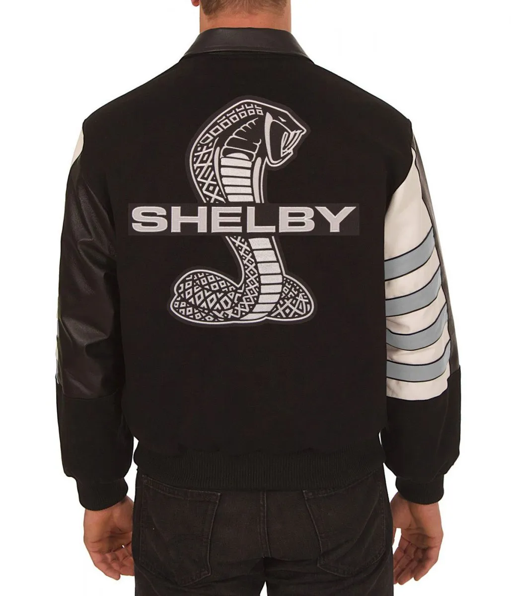 Embroidered Shelby Wool Black and Gray Leather Jacket