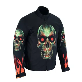 Flames and Skull Black Textile Fabric Motorcycle Biker Jacket