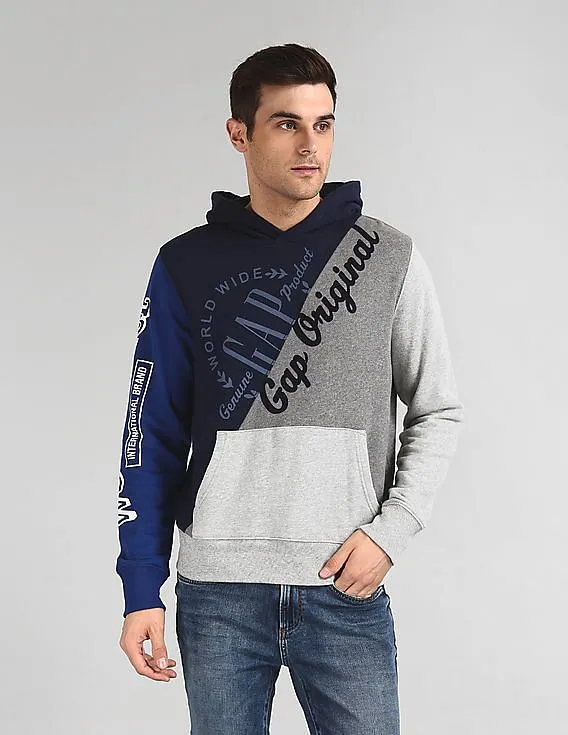 GAP Men Blue Printed Panel Hooded Fleece Sweatshirt