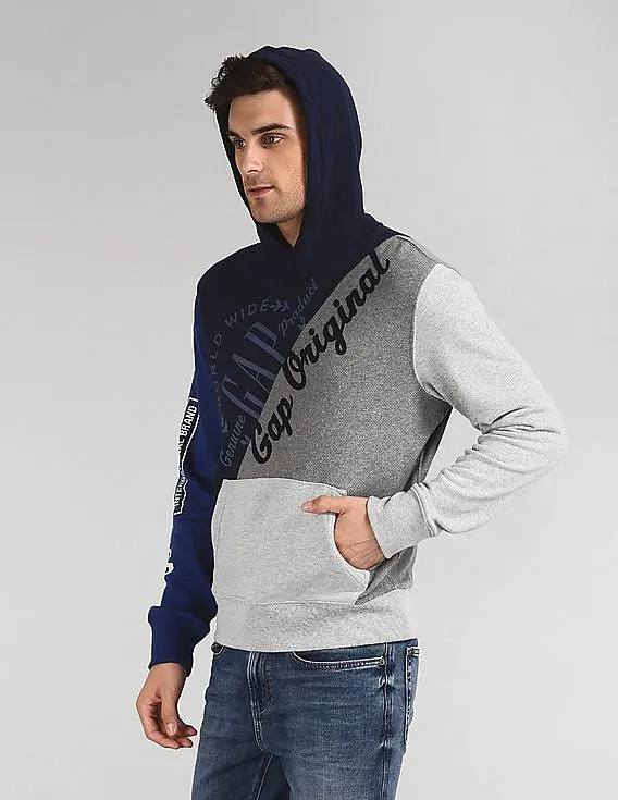 GAP Men Blue Printed Panel Hooded Fleece Sweatshirt