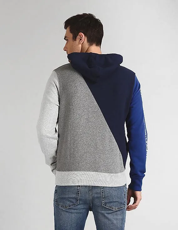 GAP Men Blue Printed Panel Hooded Fleece Sweatshirt