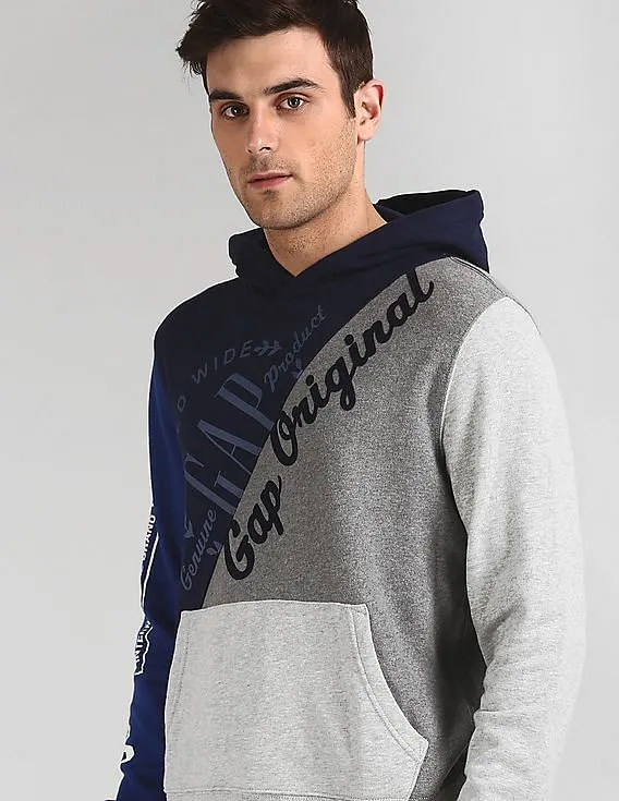 GAP Men Blue Printed Panel Hooded Fleece Sweatshirt