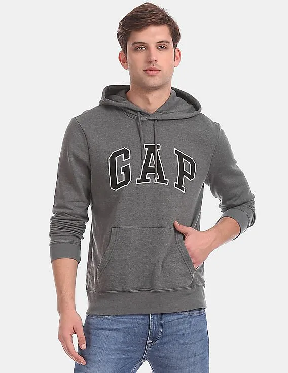 GAP Men Grey Logo Fleece Hooded Sweatshirt