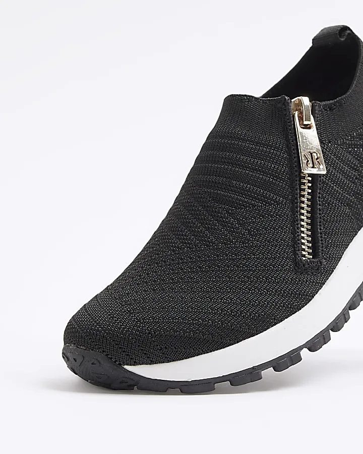 Girls black knit side zip trainers