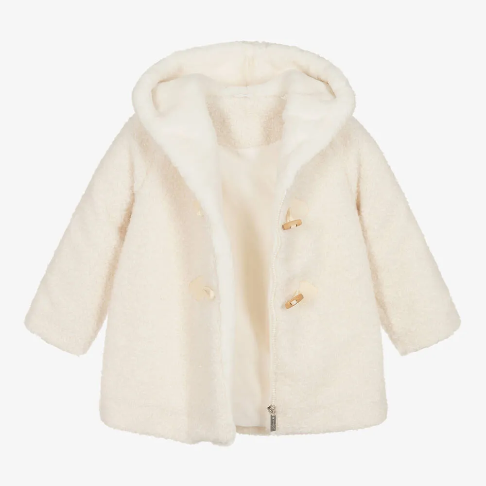 Girls Ivory Teddy Fleece Hooded Duffle Coat