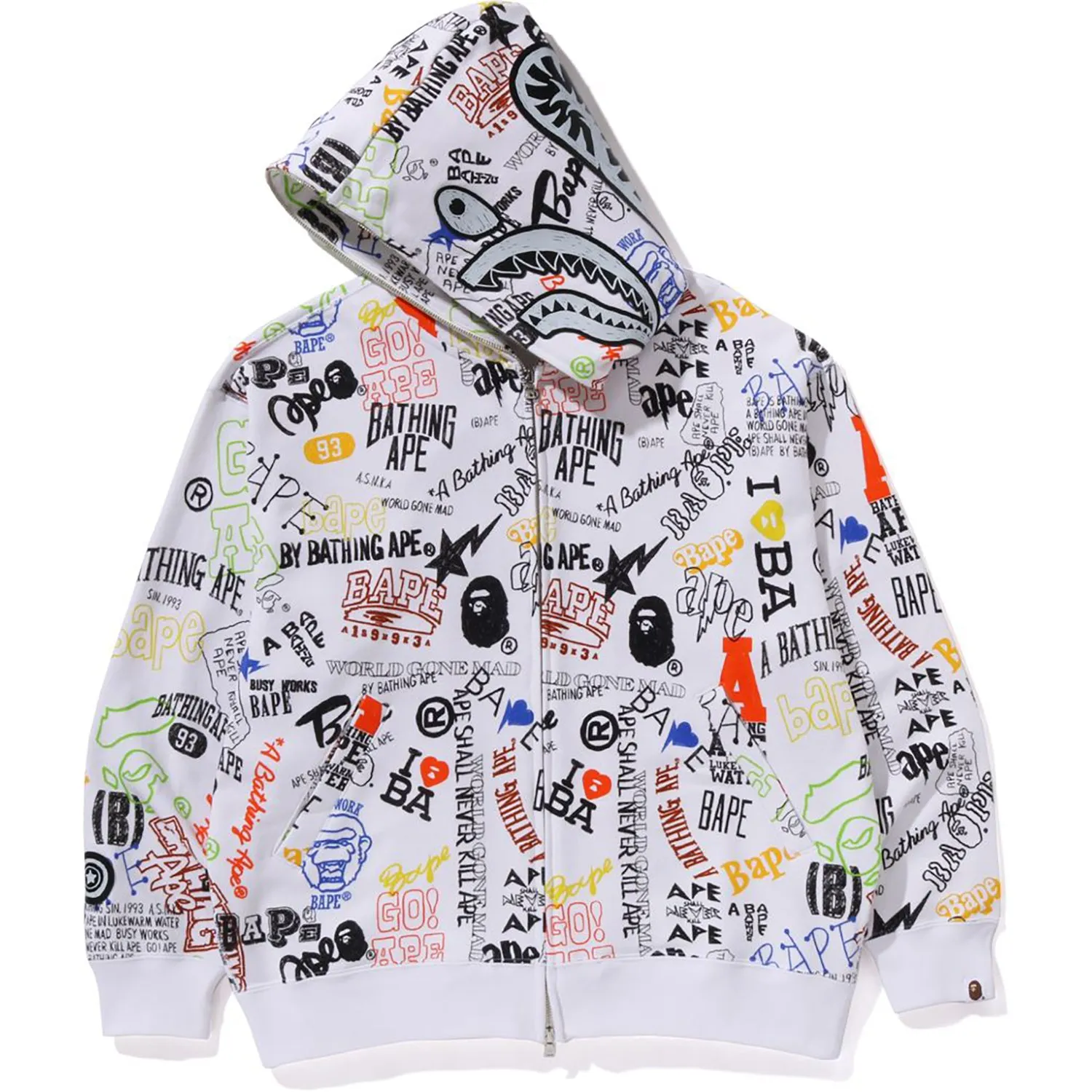 HAND DRAW PATTERN SHARK ZIP HOODIE MENS