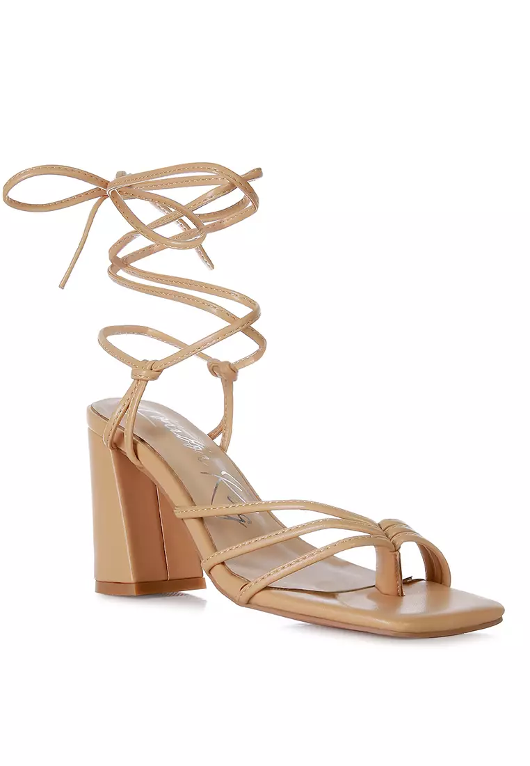 London Rag Nude Toe Ring Tie Up Block Sandals