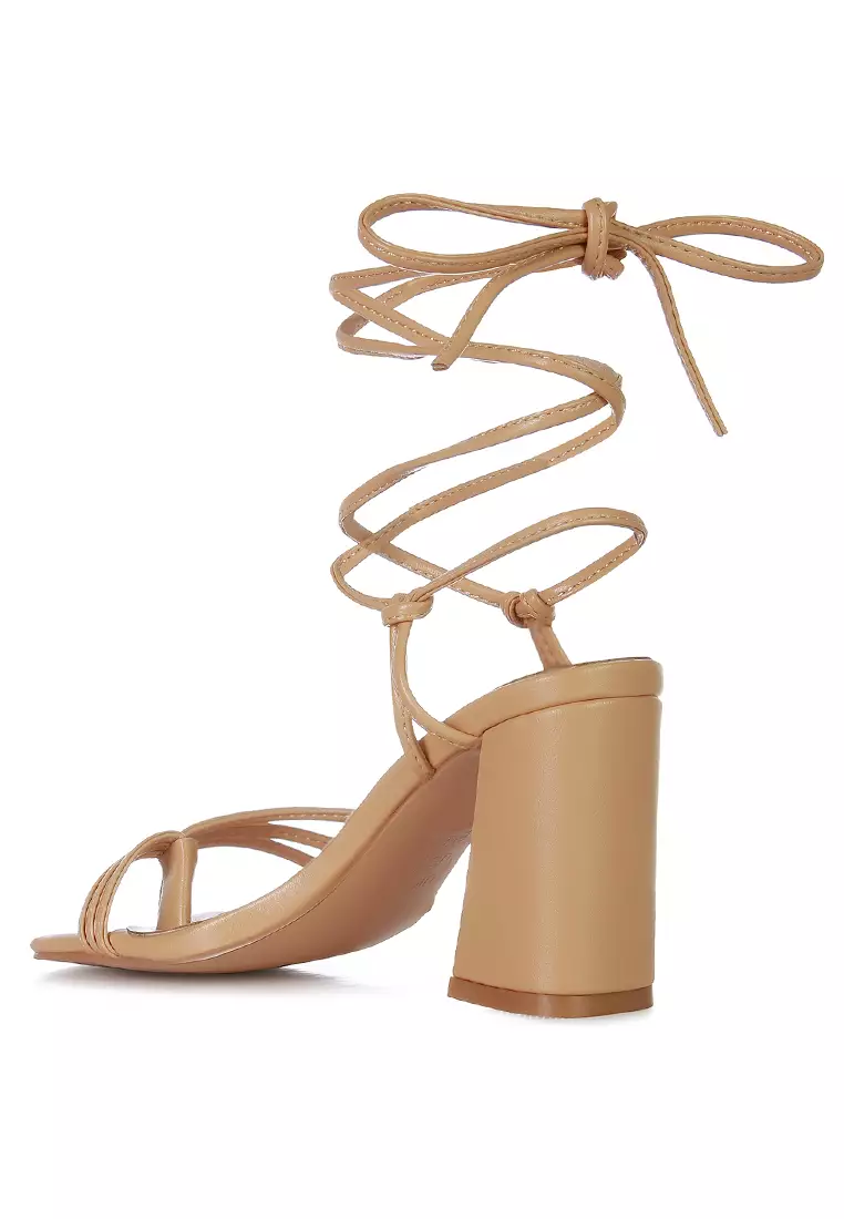 London Rag Nude Toe Ring Tie Up Block Sandals