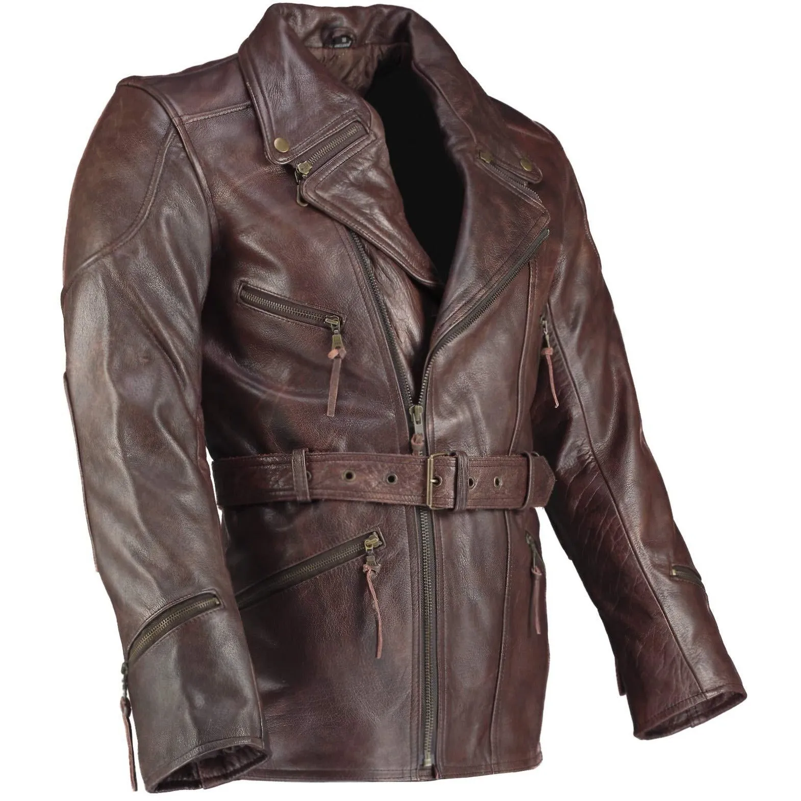 Long Eddie Dark Brown Belted Biker Leather Jacket