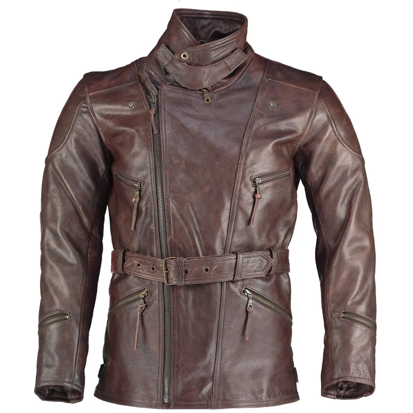 Long Eddie Dark Brown Belted Biker Leather Jacket