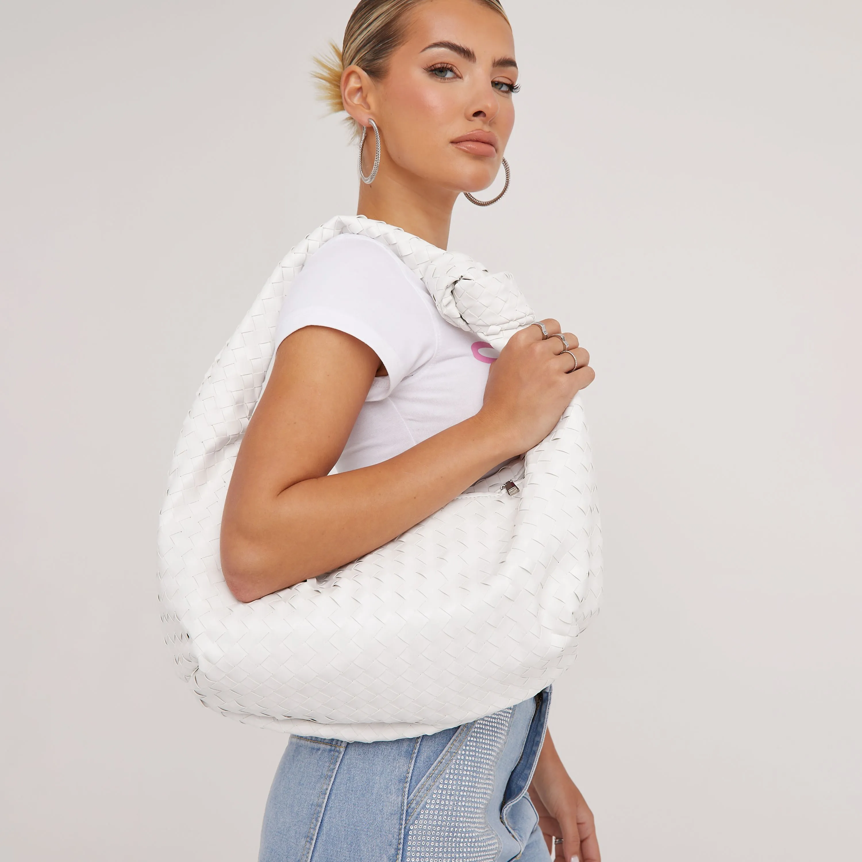 Loreen Woven Knotted Strap Detail Oversized Shoulder Bag In White Faux Leather